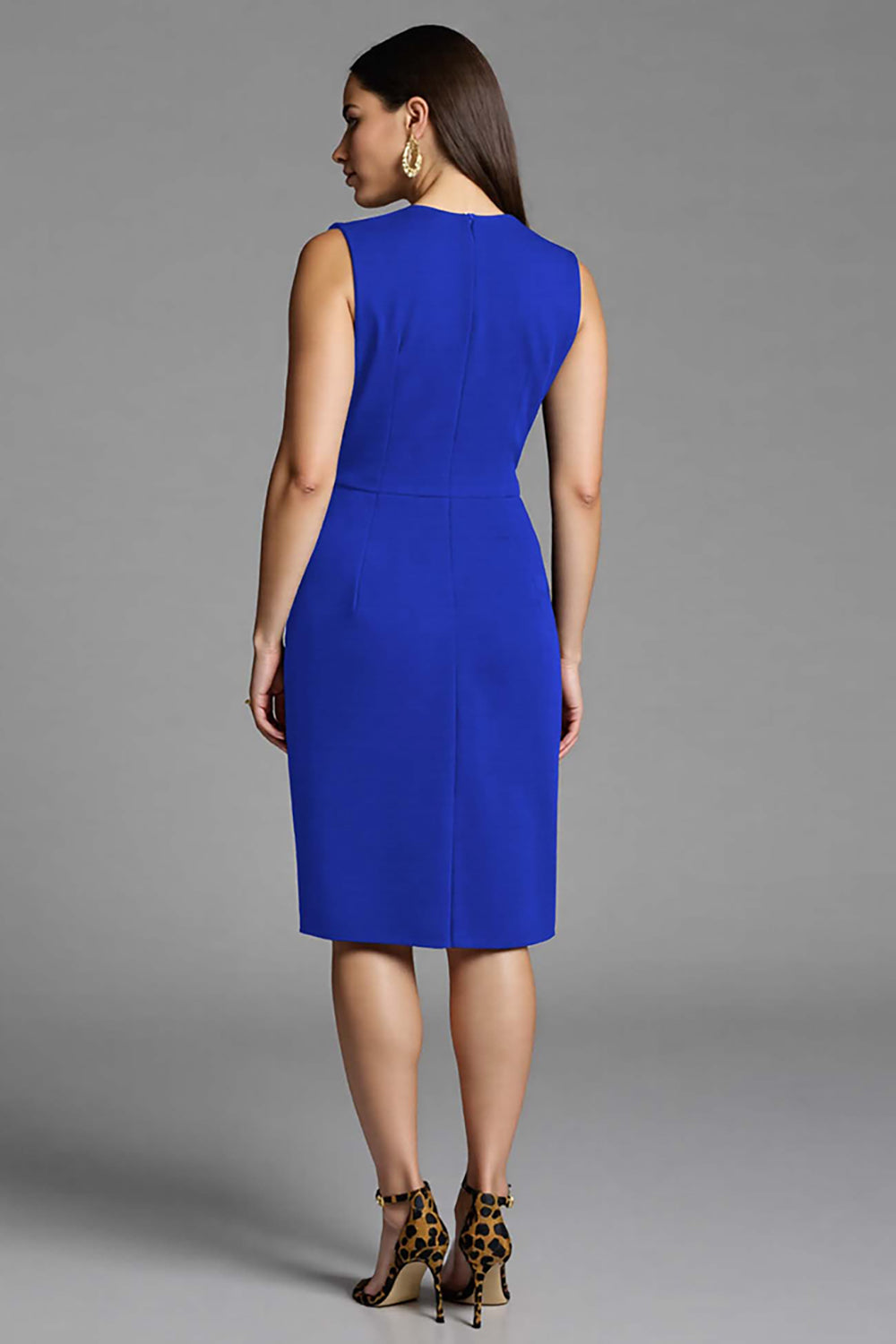 Sheath Navy V Neck Midi Work Dress With Sash
