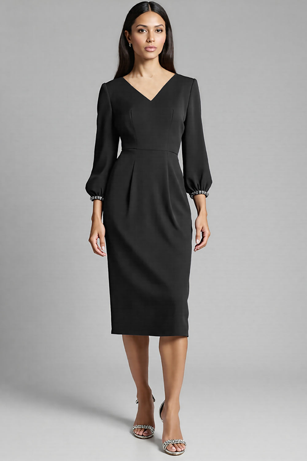 Sheath Navy Beaded V-Neck Work Dress