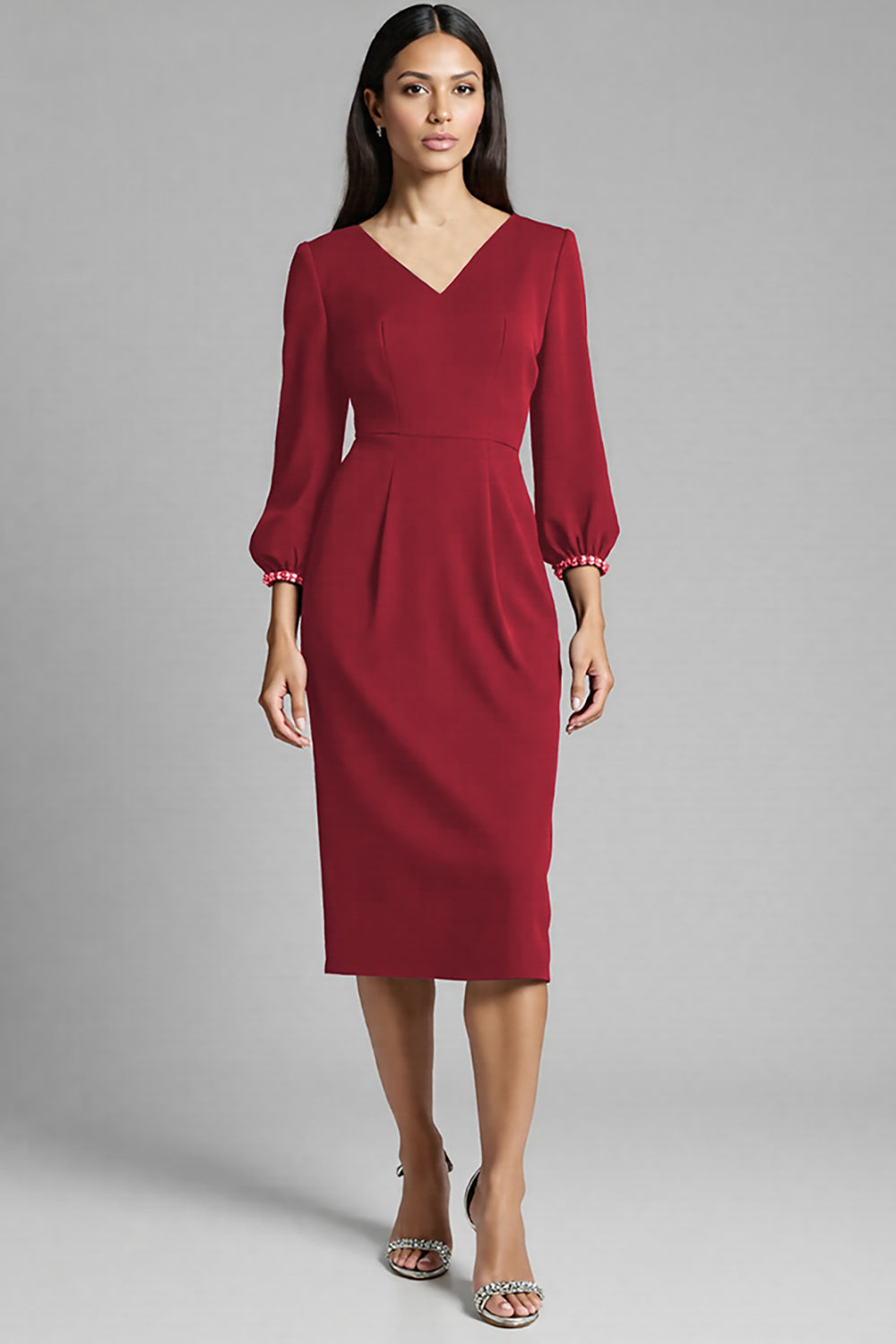 Sheath Navy Beaded V-Neck Work Dress