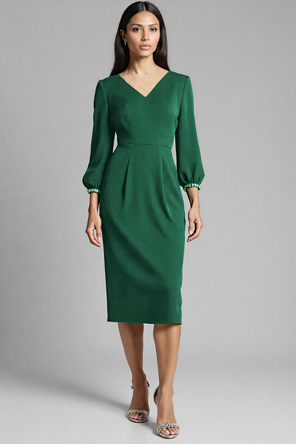 Sheath Navy Beaded V-Neck Work Dress
