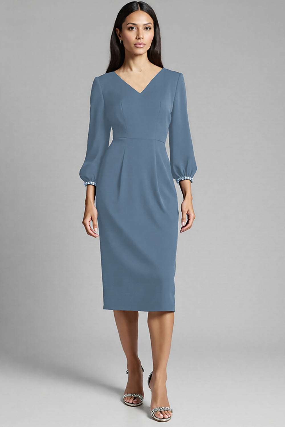 Sheath Navy Beaded V-Neck Work Dress
