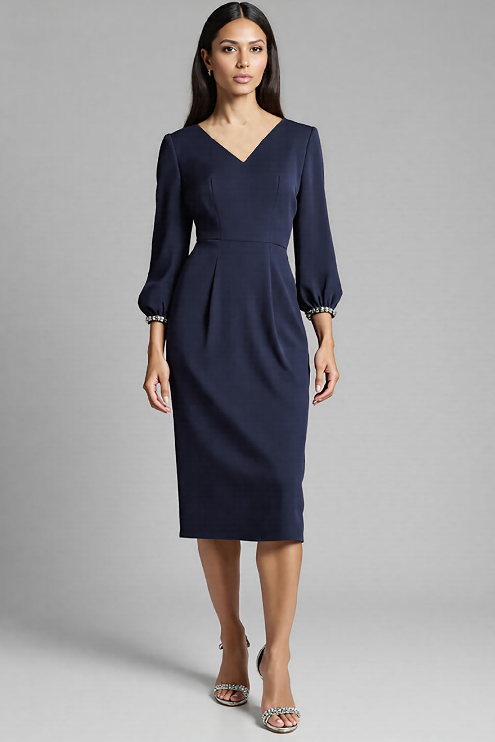 Sheath Navy Beaded V-Neck Work Dress
