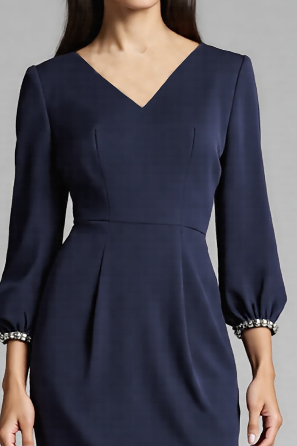 Sheath Navy Beaded V-Neck Work Dress