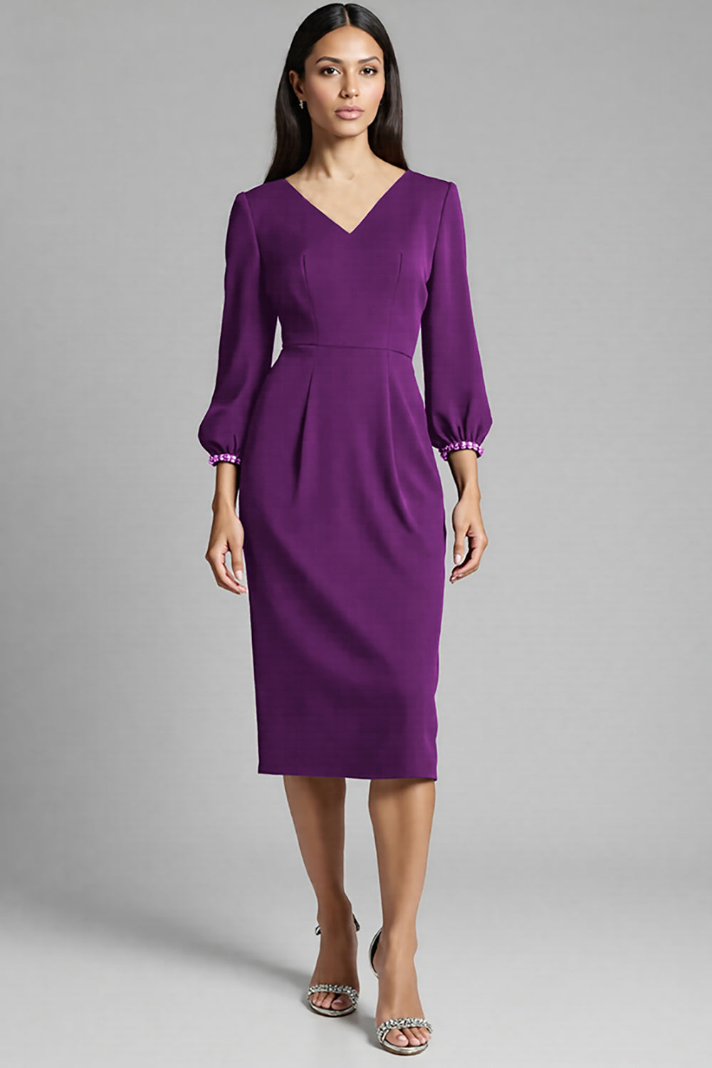 Sheath Navy Beaded V-Neck Work Dress