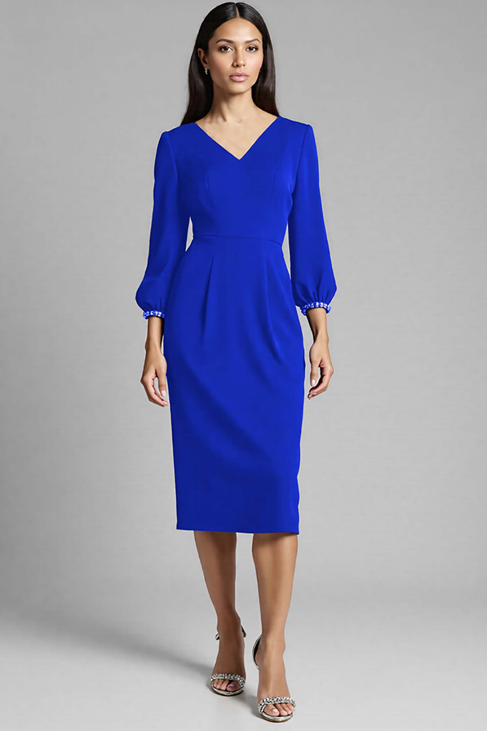 Sheath Navy Beaded V-Neck Work Dress
