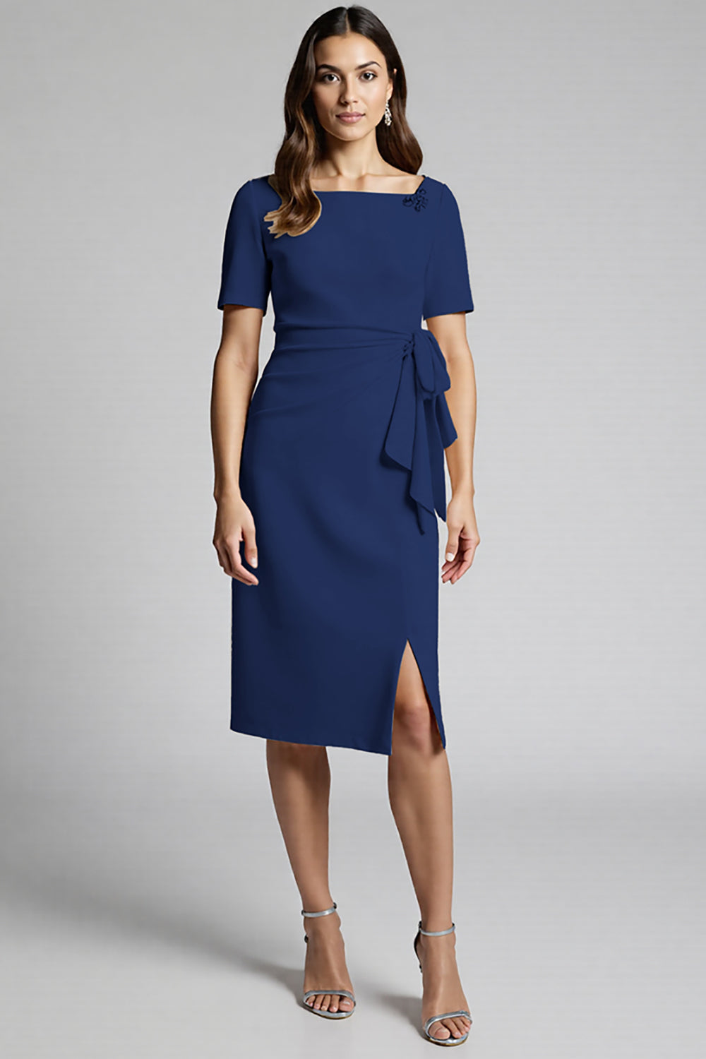 Robe de travail midi froncée champagne perlée