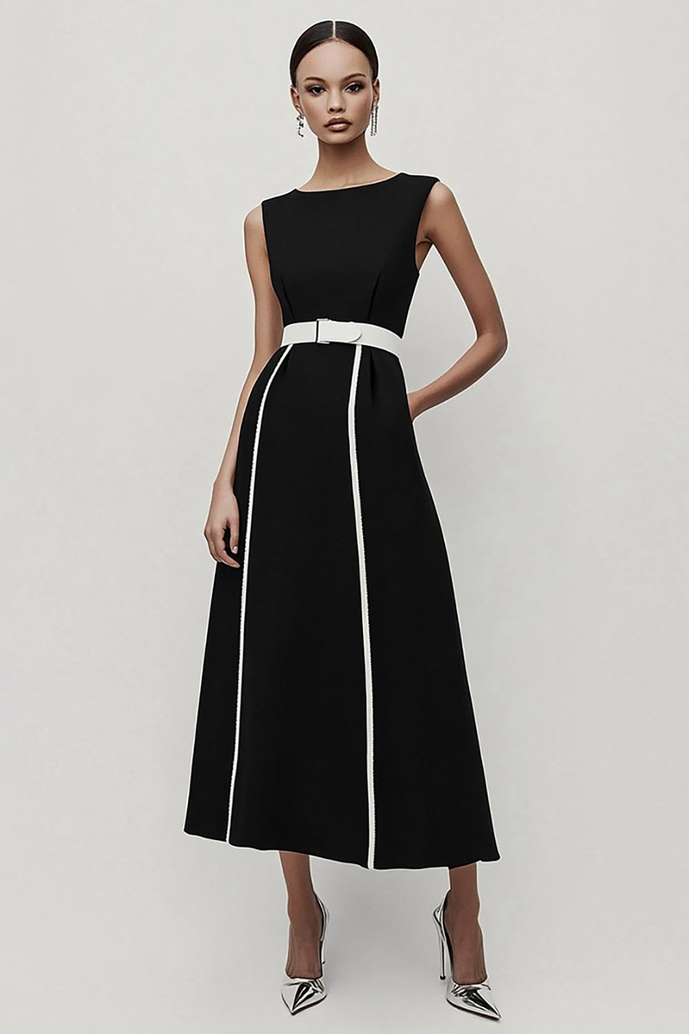 Black and White A-Line Satin Long Work Dress