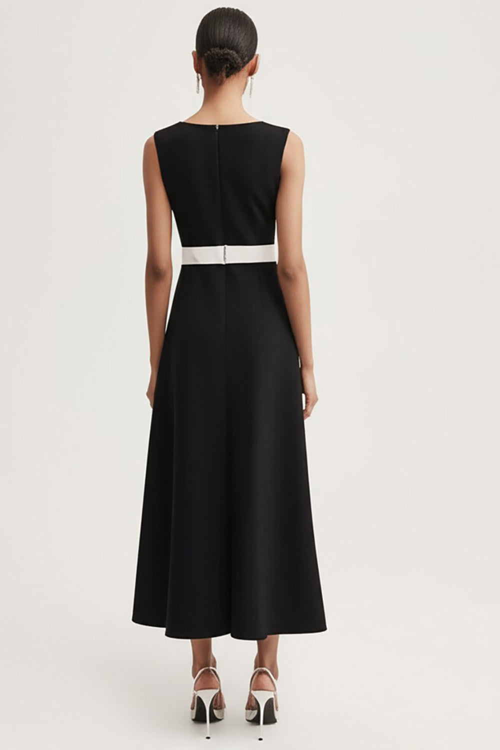 Black and White A-Line Satin Long Work Dress