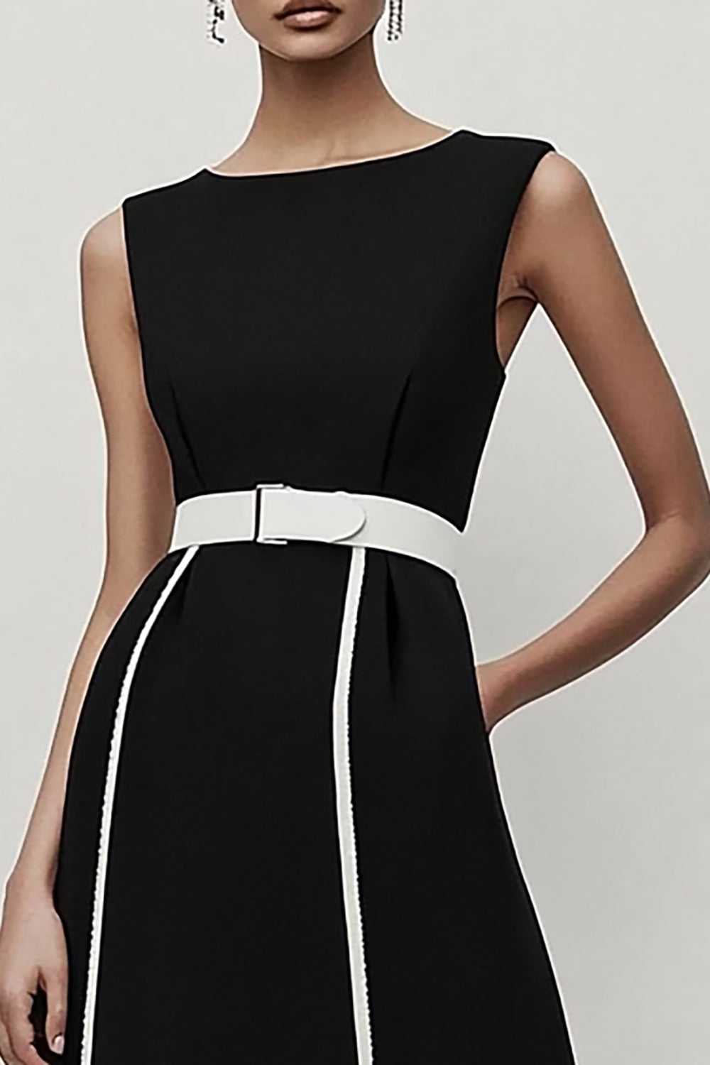 Black and White A-Line Satin Long Work Dress
