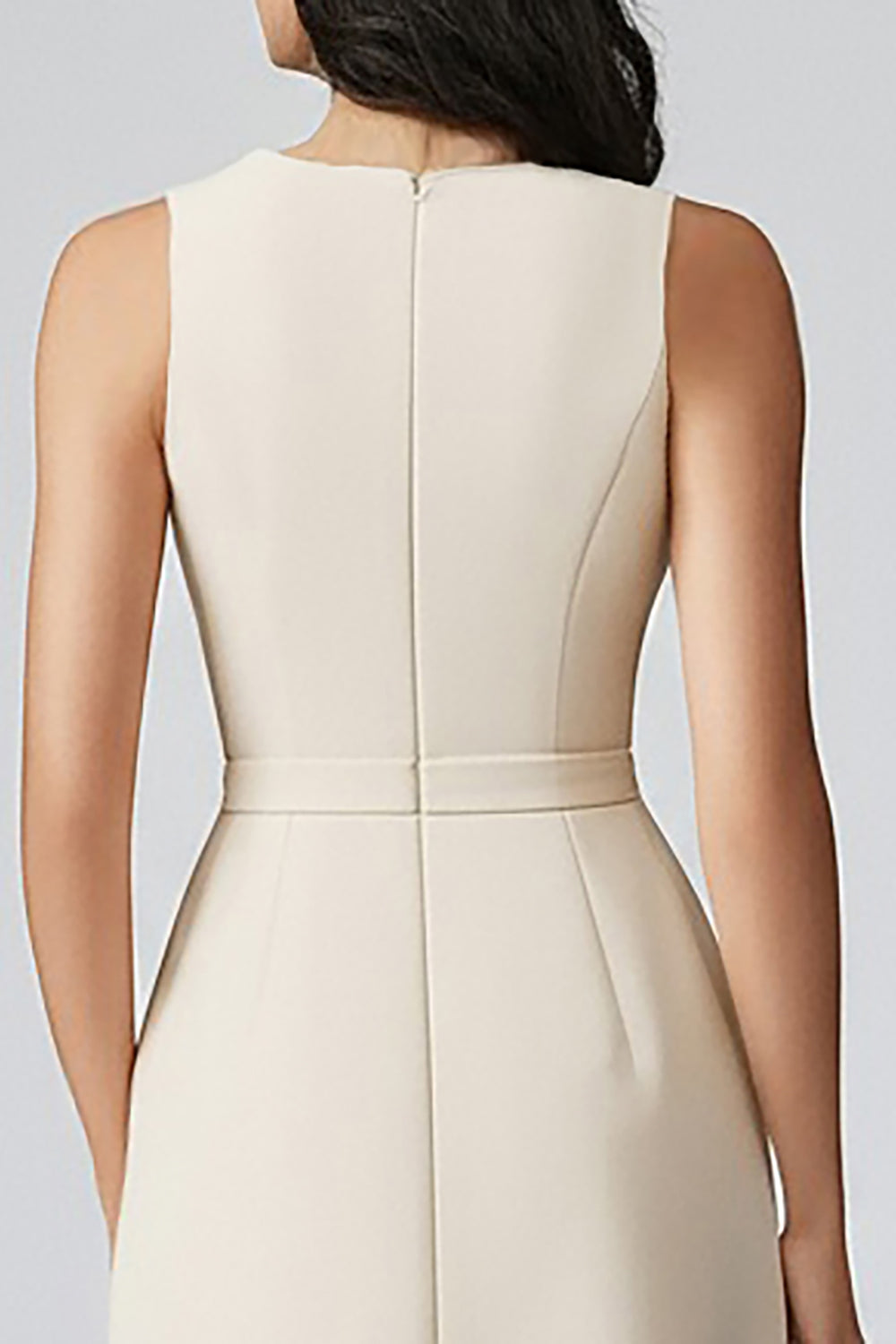 Vestido tipo blazer ajustado con cuello en V de satén color champán, largo midi, para trabajo