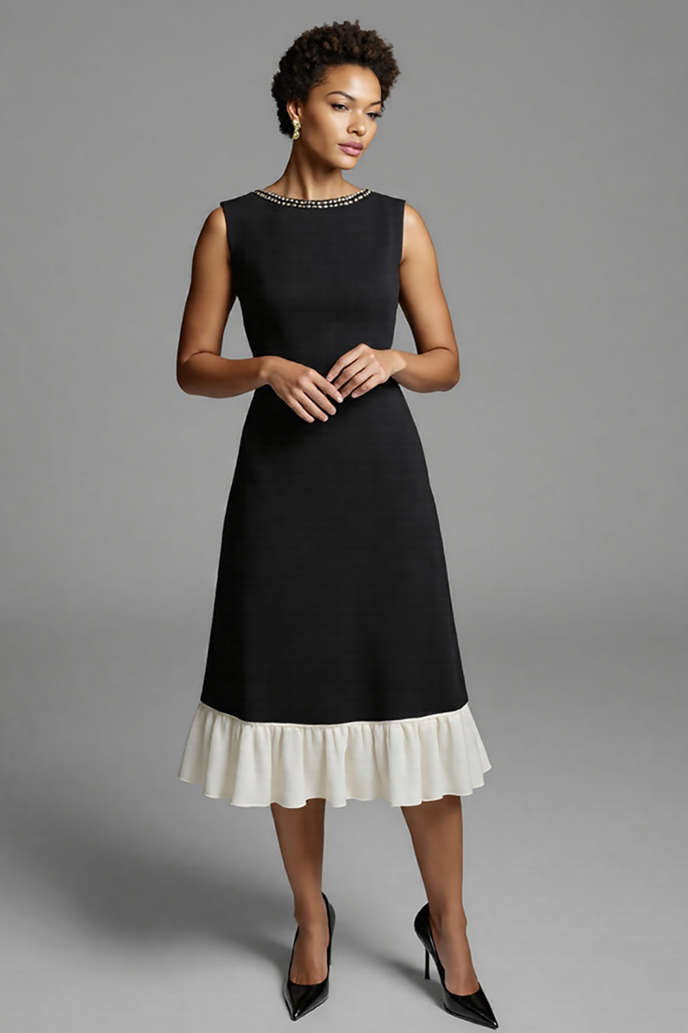 Black and White Satin A-Line Midi Work Dress with Ruffles