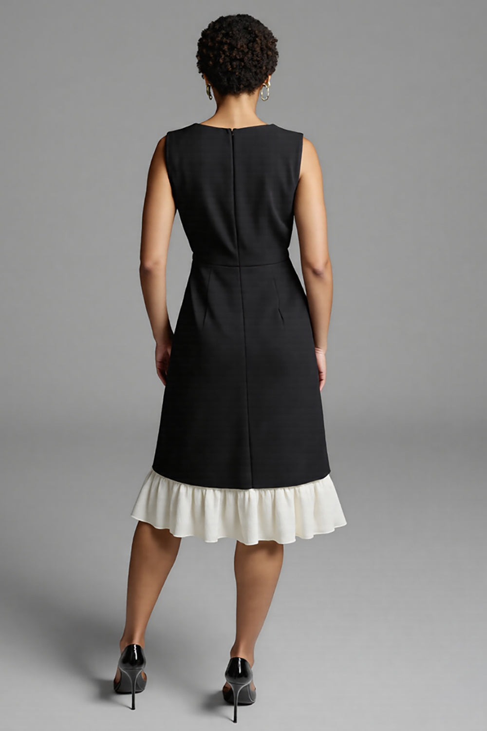 Black and White Satin A-Line Midi Work Dress with Ruffles