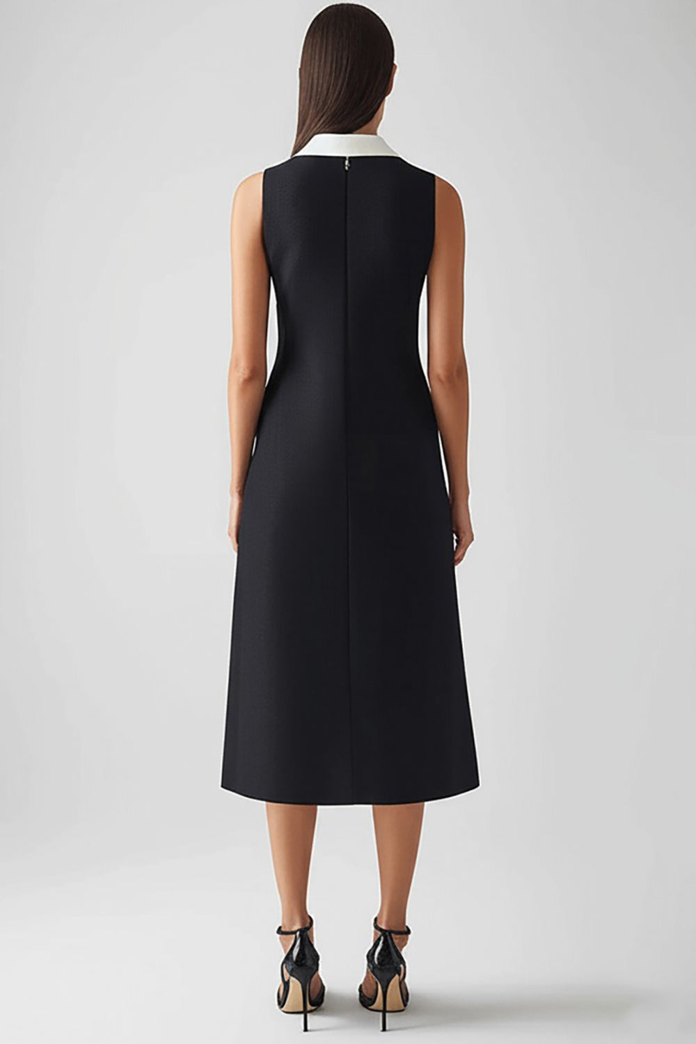 Robe de travail mi-longue en satin noir et blanc avec col officier