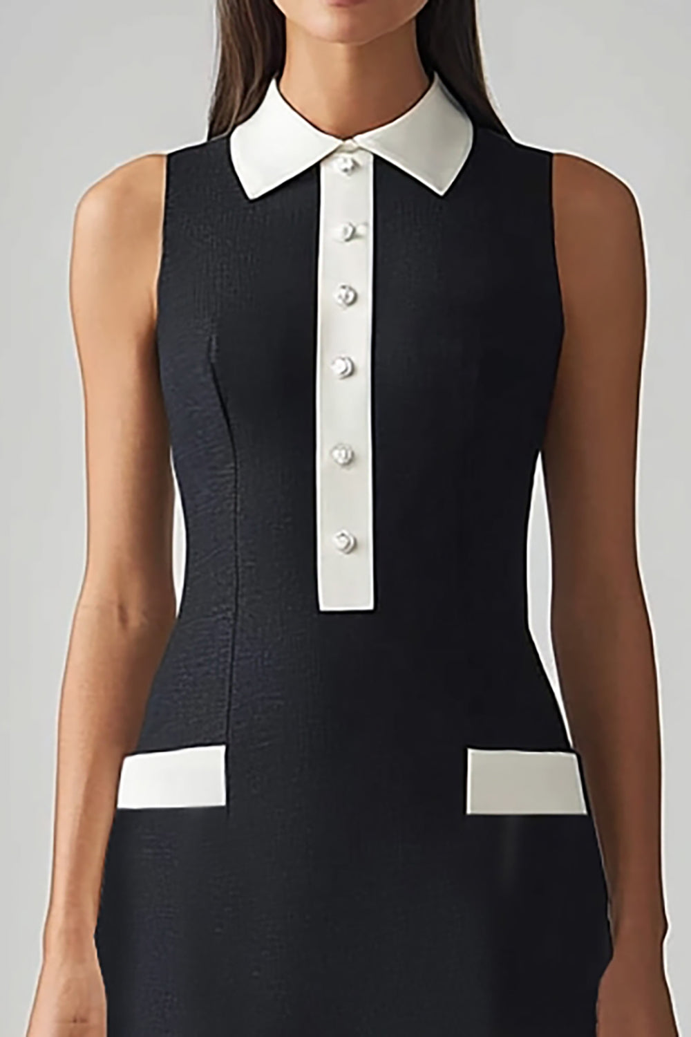 Robe de travail mi-longue en satin noir et blanc avec col officier