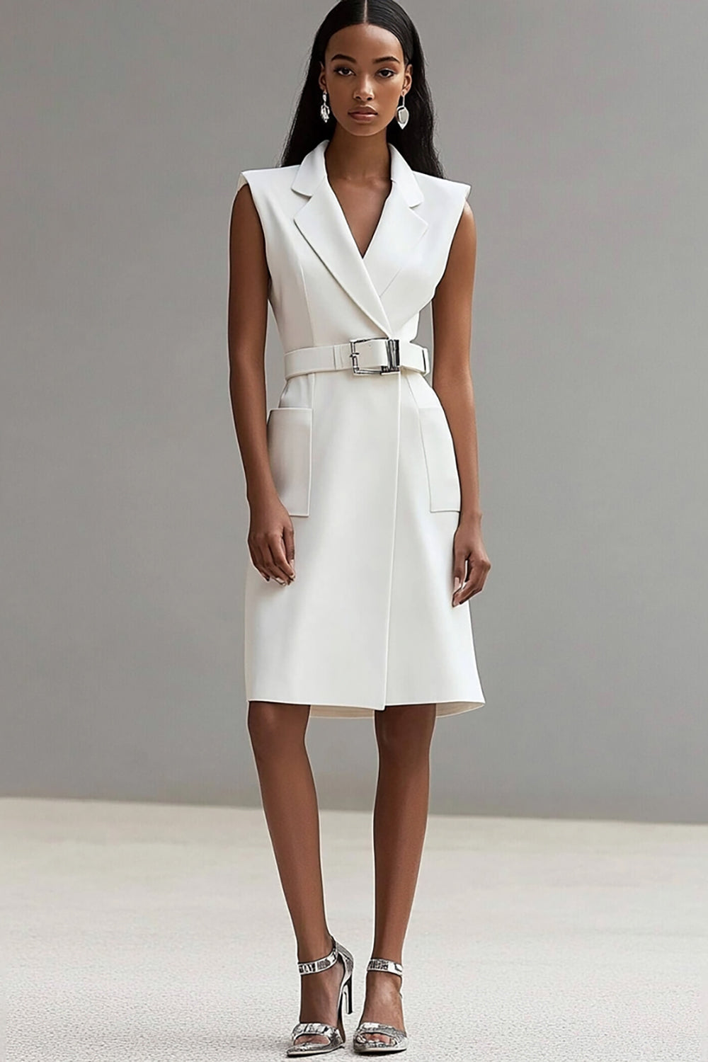 Vestido Blazer Corto de Satén Marfil con Solapa Dentada