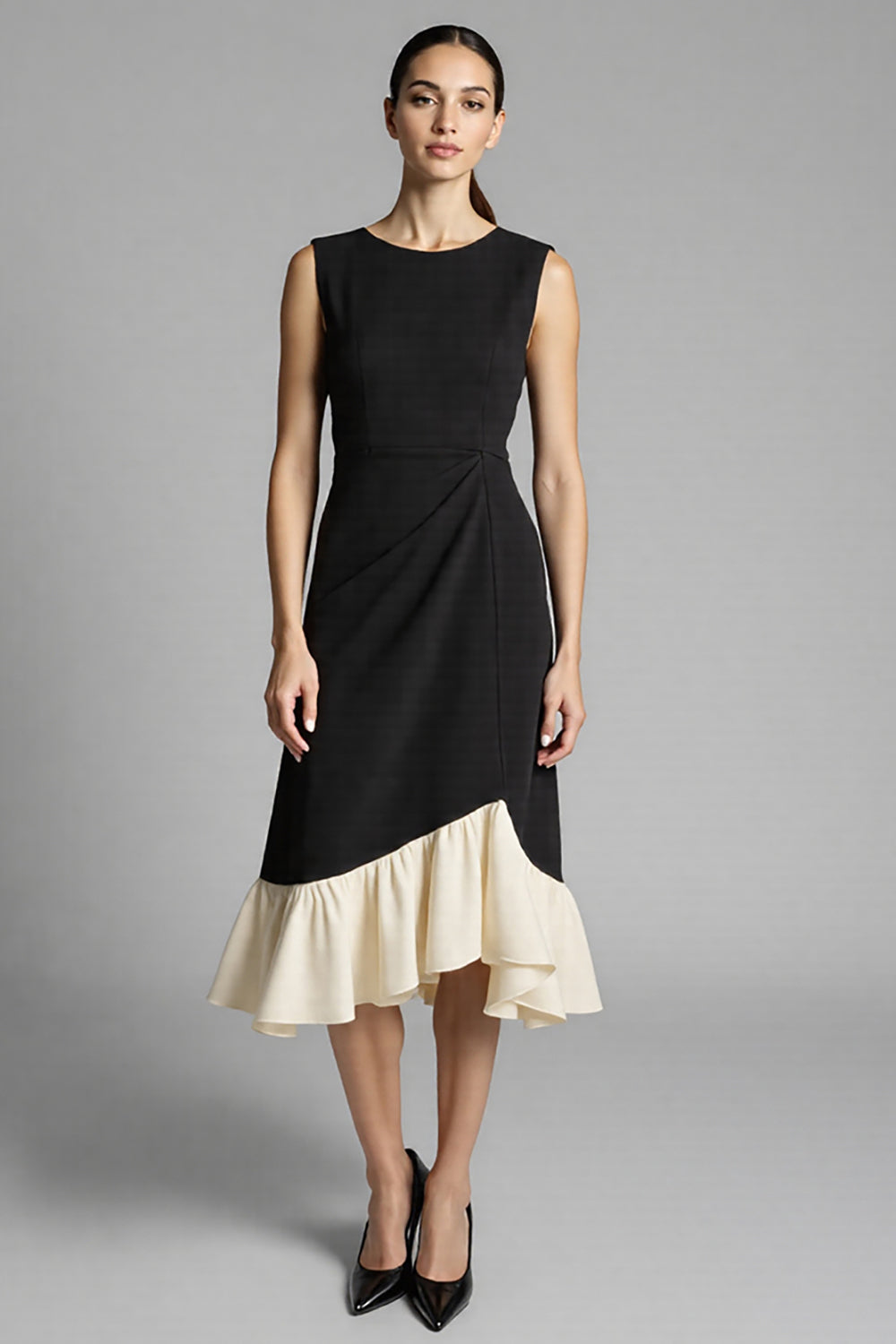 Black Satin A Line Midi Work Dress with Ruffles