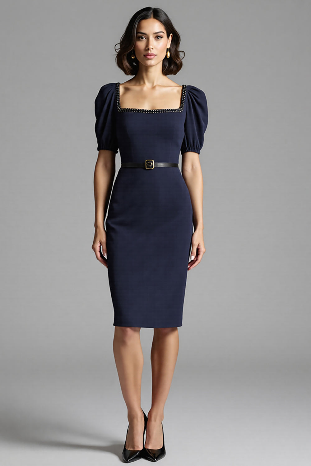 Navy Bodycon Midi Work Dress with Belt