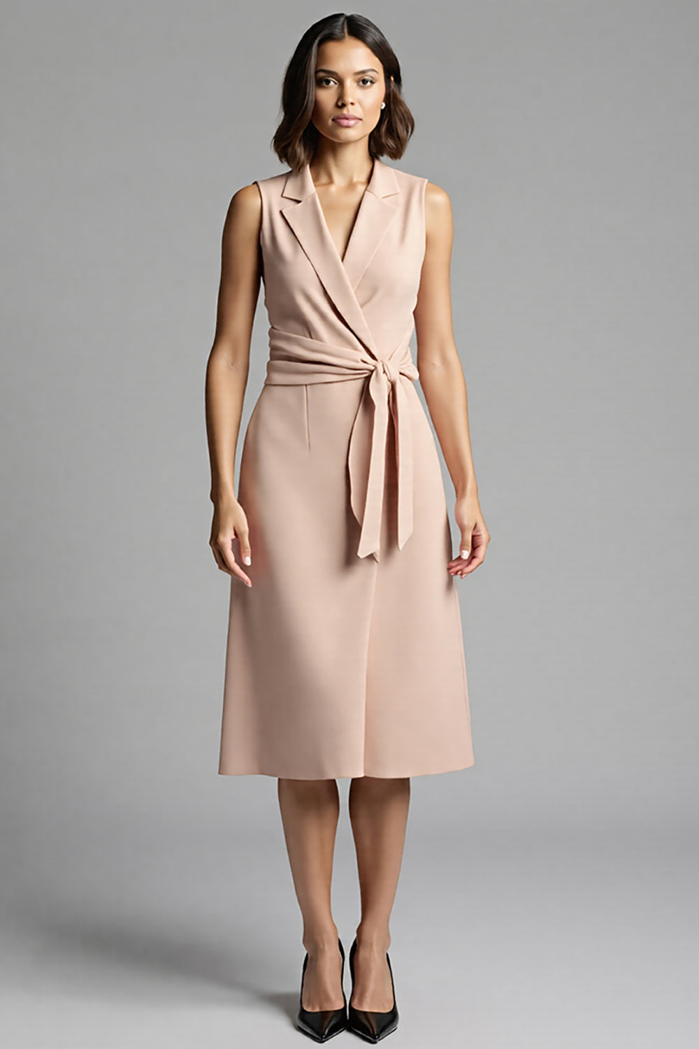 Champagne Notched Lapel Sheath Midi Work Dress with Sash