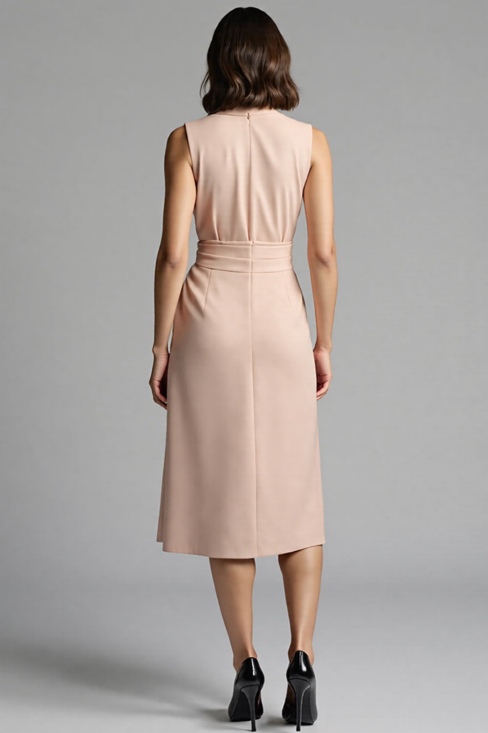 Champagne Notched Lapel Sheath Midi Work Dress with Sash