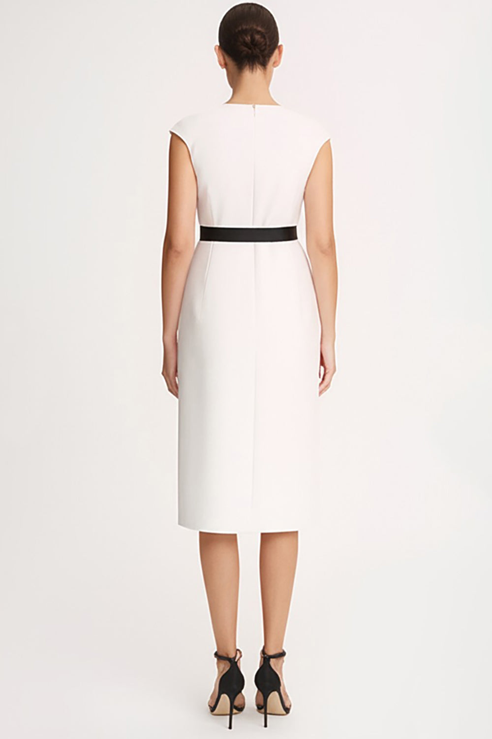 Robe midi moulante de travail ivoire à encolure en V avec ceinture