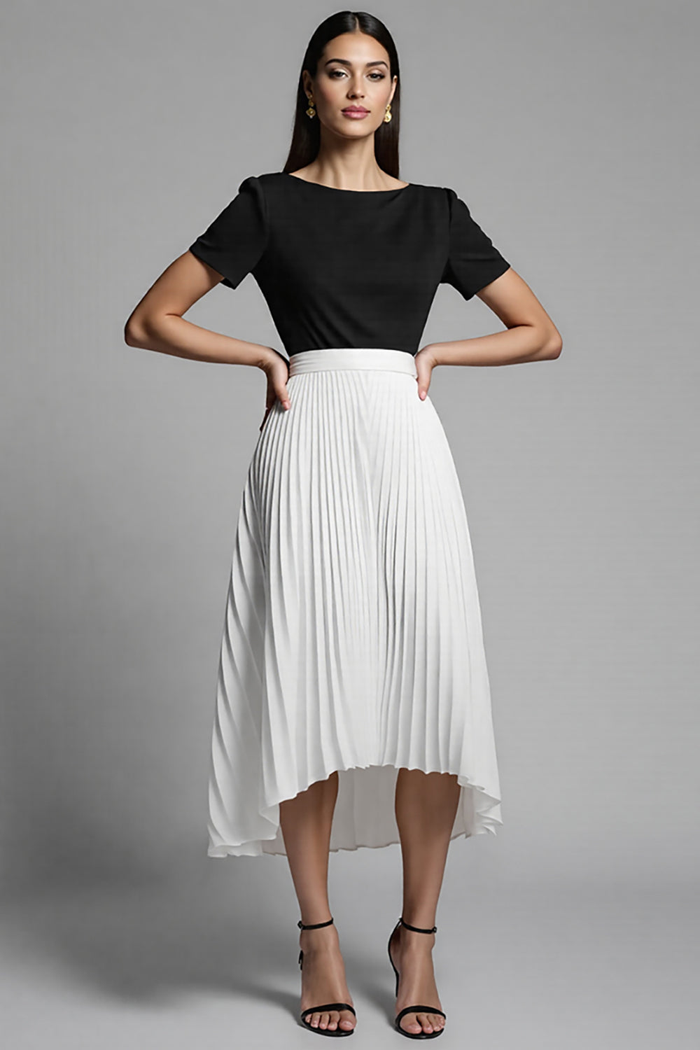 Robe de travail longue évasée Ivoire et Noire à plis