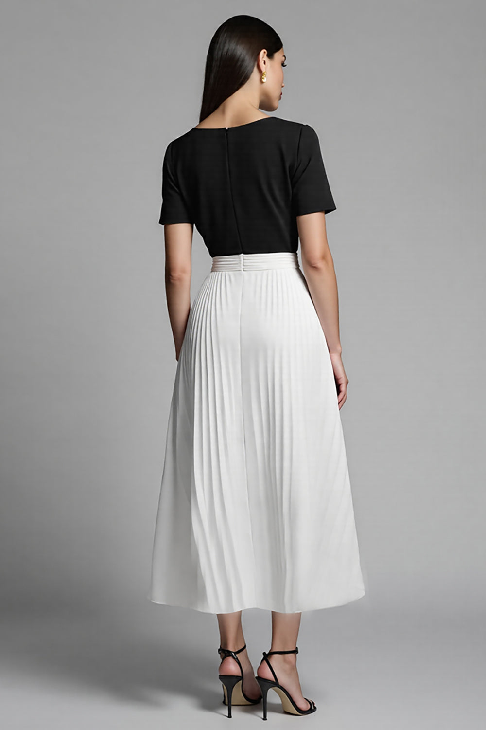 Robe de travail longue évasée Ivoire et Noire à plis