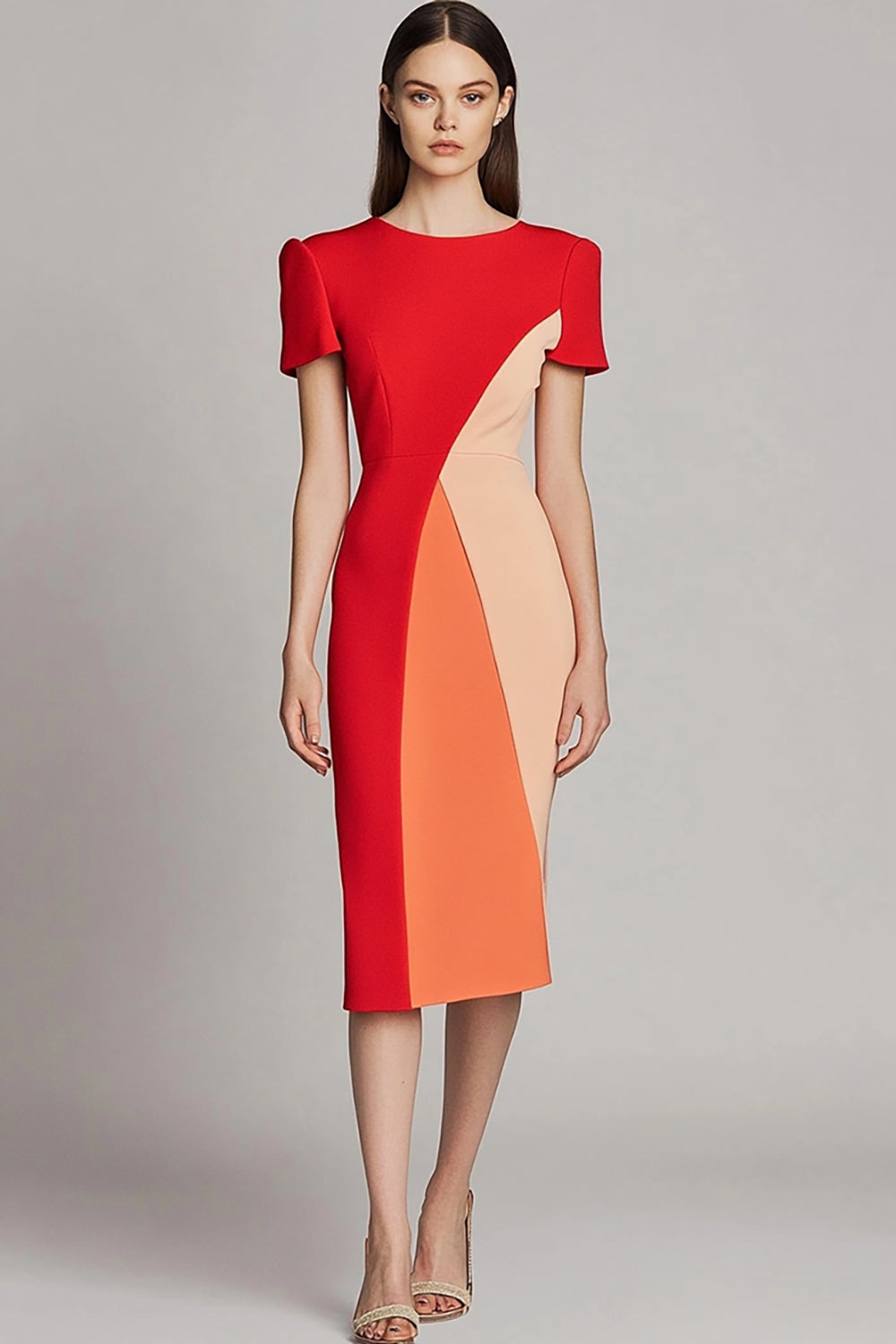 Red Bodycon Patchwork Midi Work Dress with Sleeves