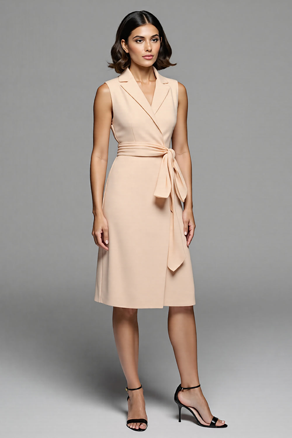Champagne Notched Lapel Midi Work Dress with Sash