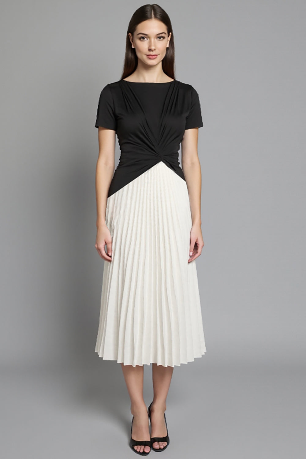 Ivory and Black Ruched Patchwork Long Work Dress with Pleats