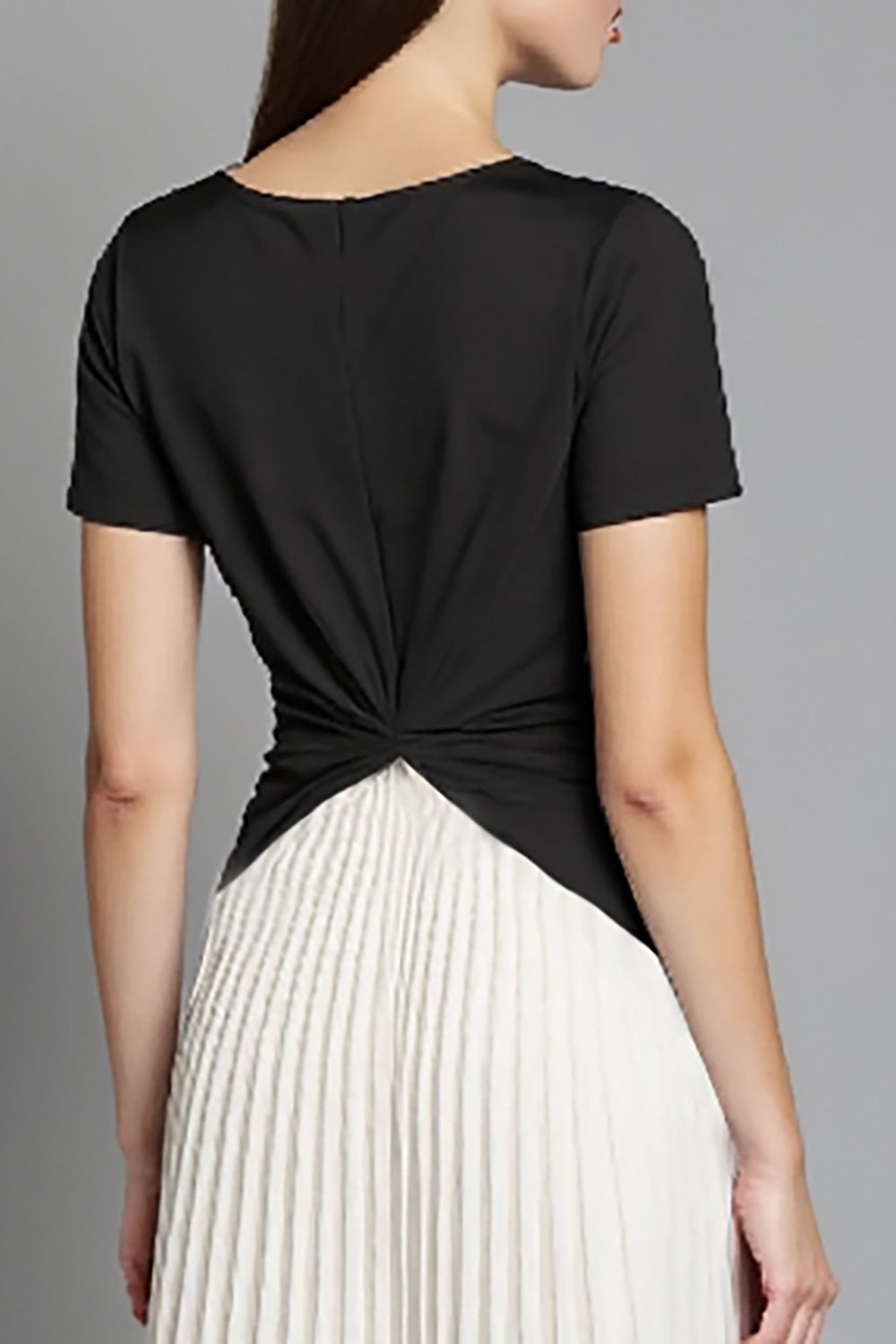 Ivory and Black Ruched Patchwork Long Work Dress with Pleats