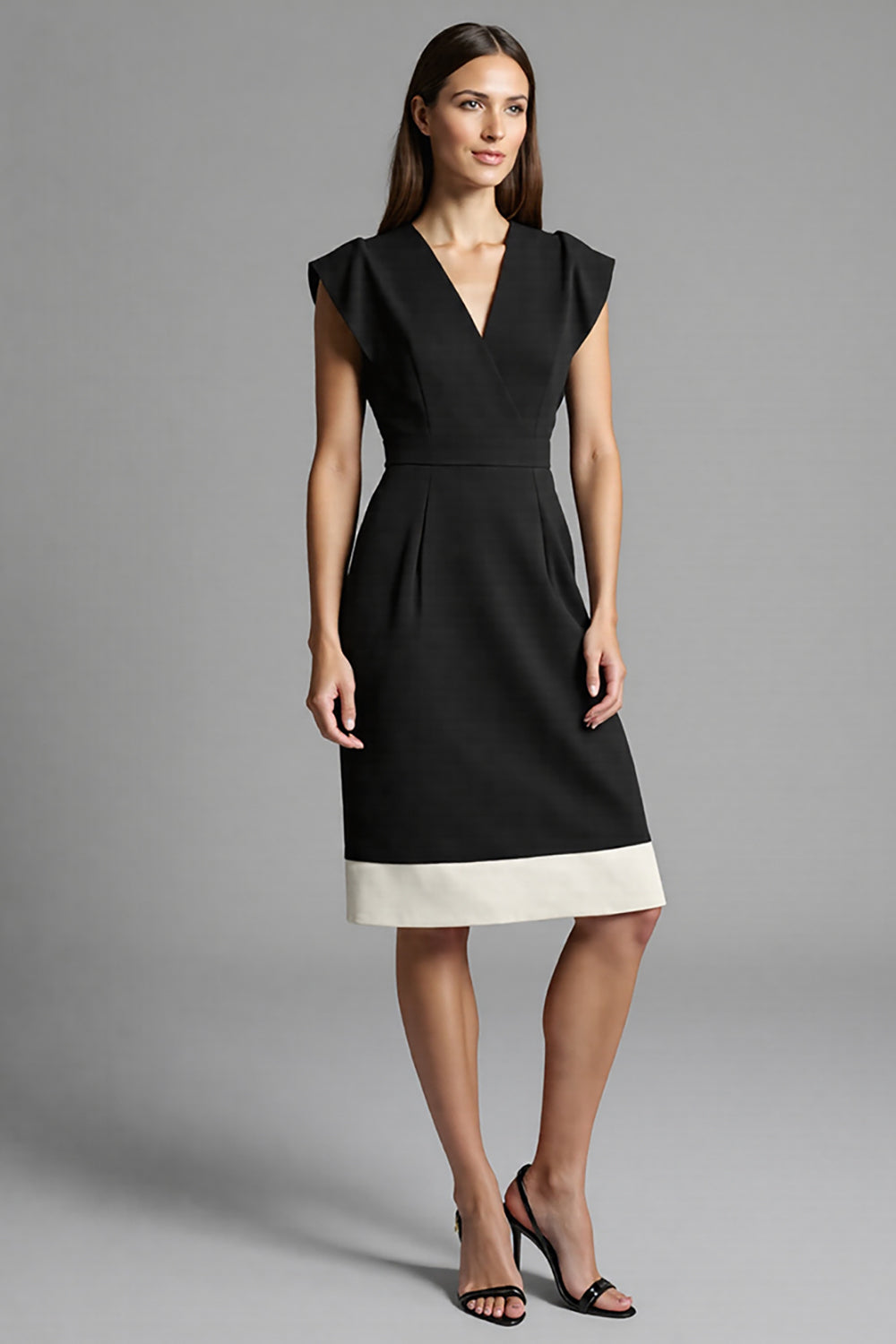 Black V-Neck Cap Sleeves Patchwork Midi Work Dress