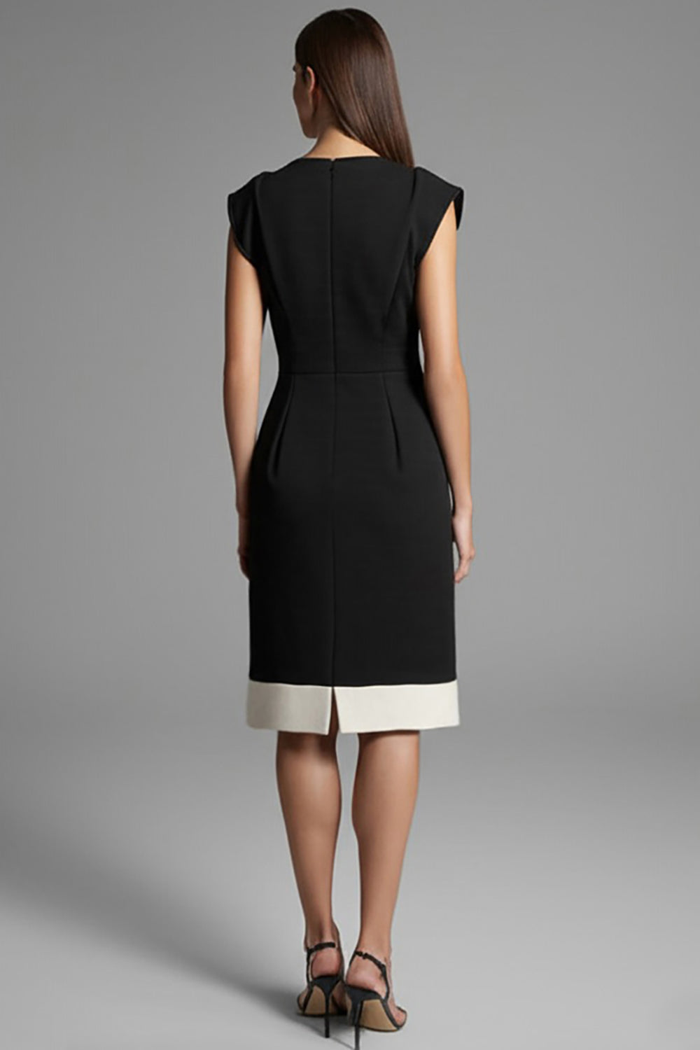 Black V-Neck Cap Sleeves Patchwork Midi Work Dress