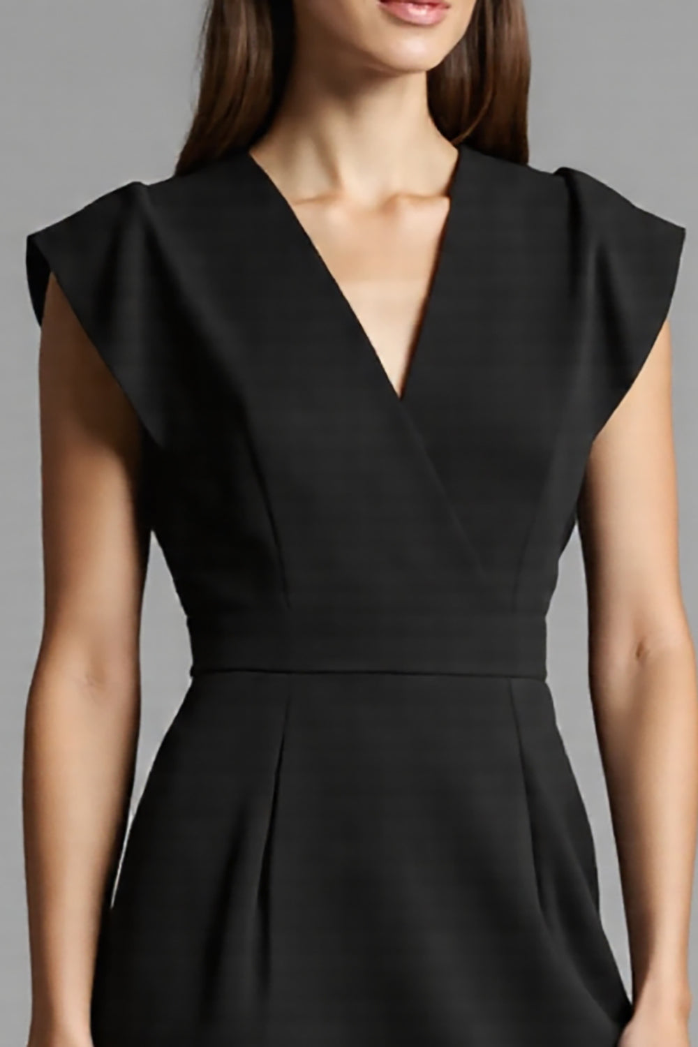Black V-Neck Cap Sleeves Patchwork Midi Work Dress