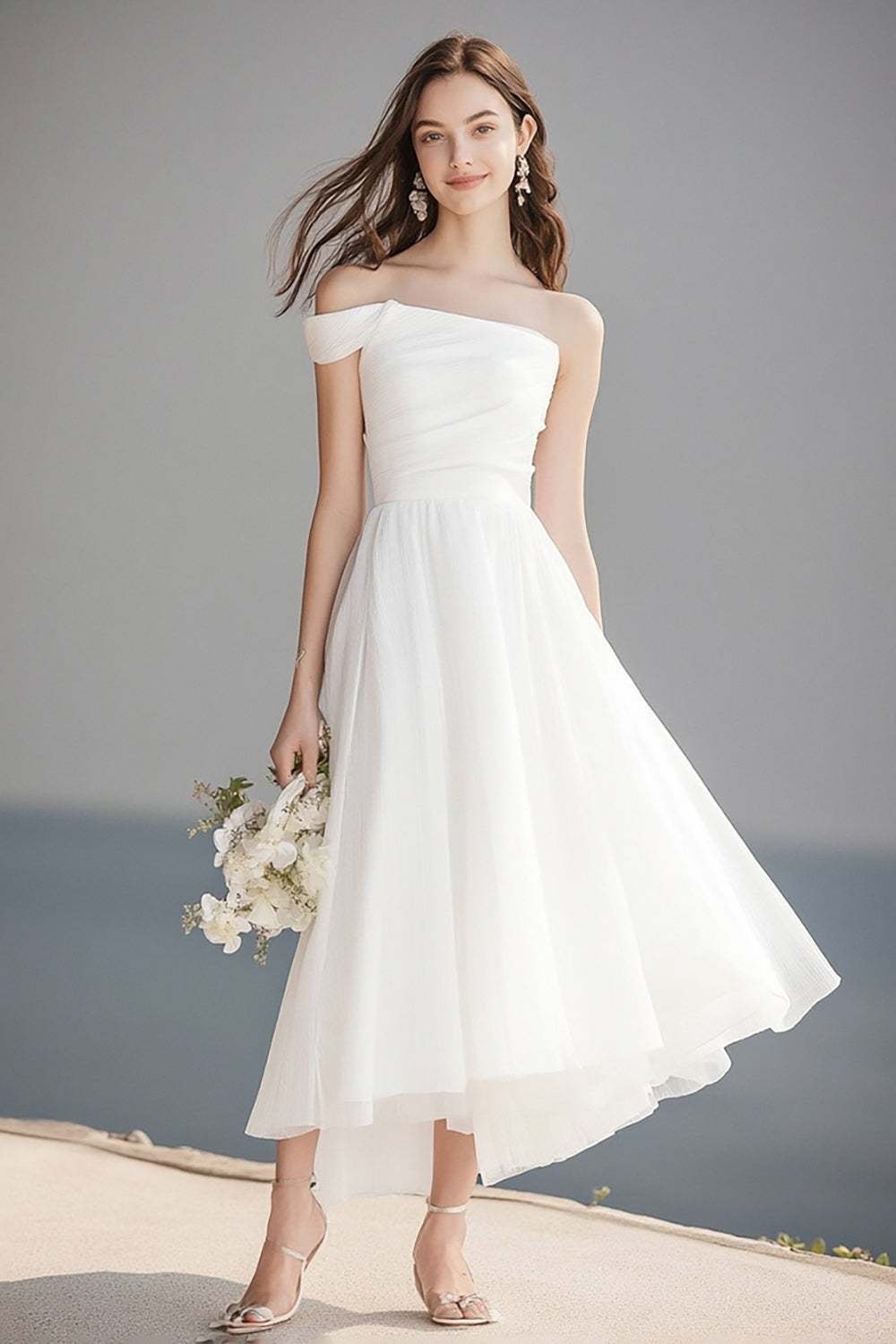Ivory Organza A Line One Shoulder Maxi Engagement Dress