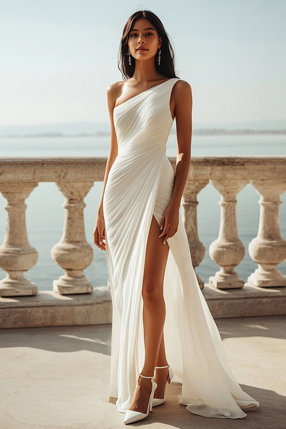 Chiffon Ivory One Shoulder Maxi Sheath Beach Engagement Dress with Slit
