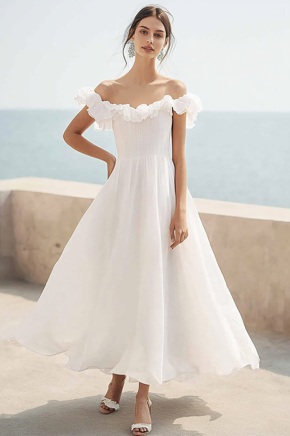 Ivory Ruffled A-Line Chiffon Maxi Engagement Dress