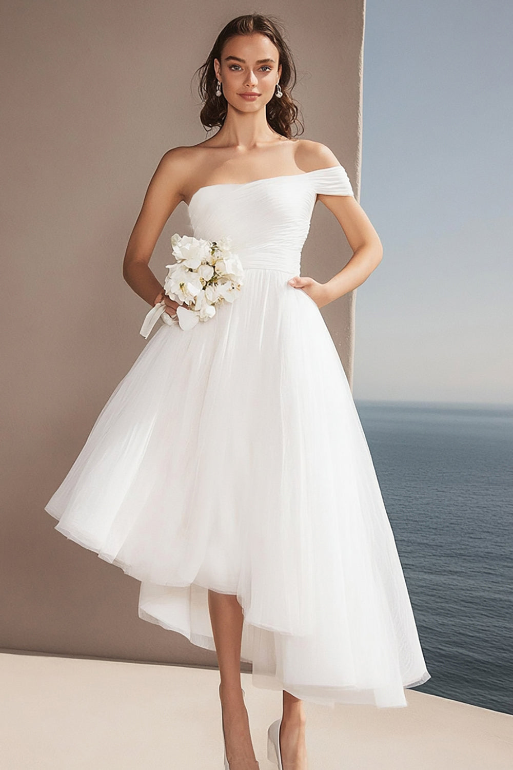 Ivory One-Shoulder Organza A-Line Asymmetrical Rehearsal Dinner Dress