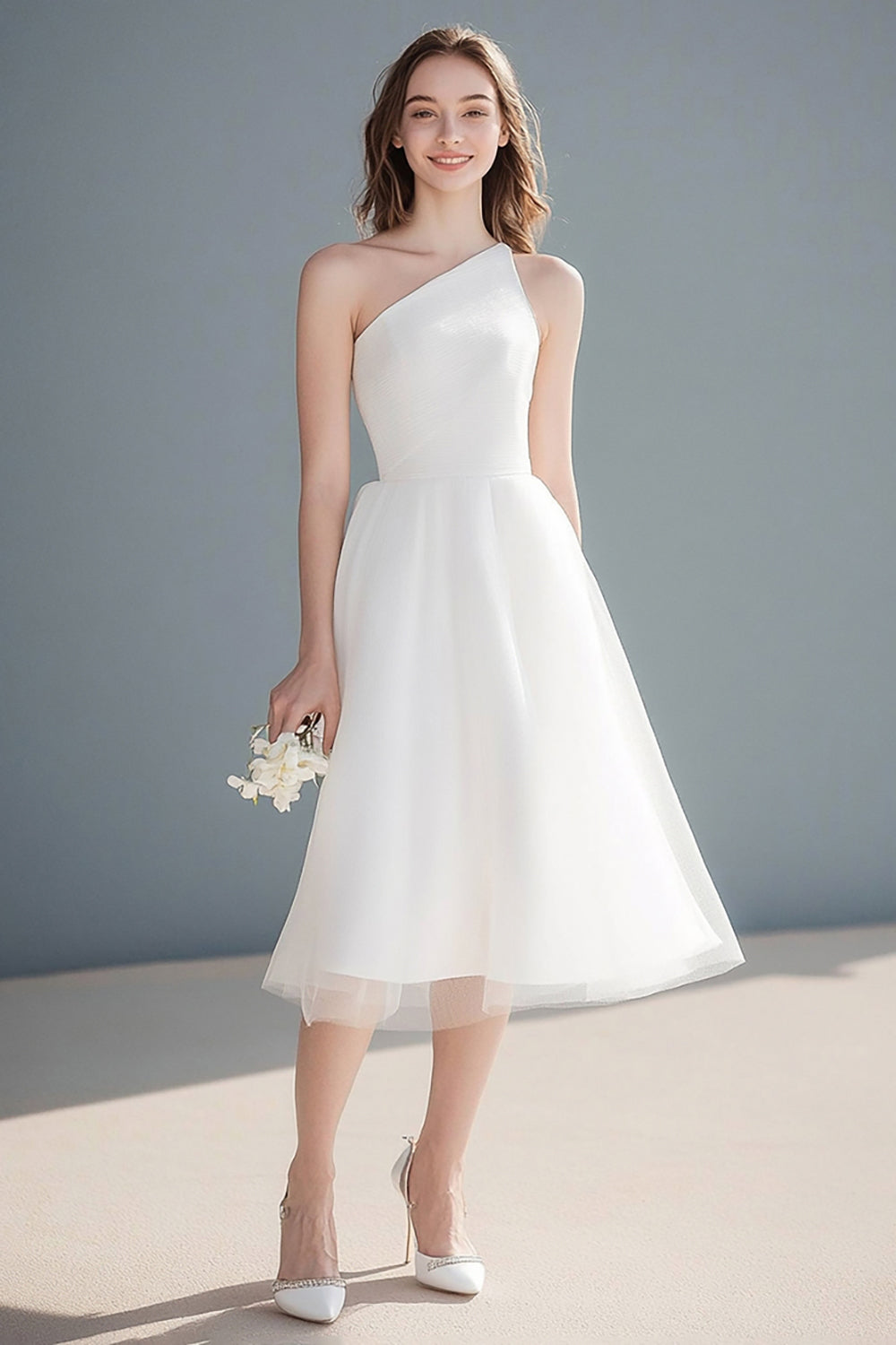 Ivory One Shoulder Organza Midi Bachelorette Dress