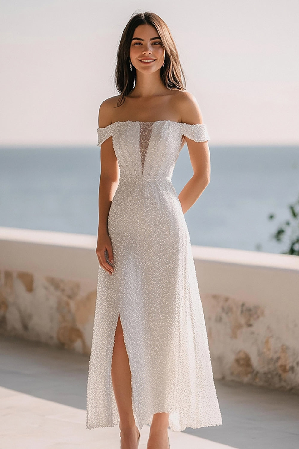 Robe longue fendue à sequins épaules dénudées ivoire scintillant pour le dîner de répétition