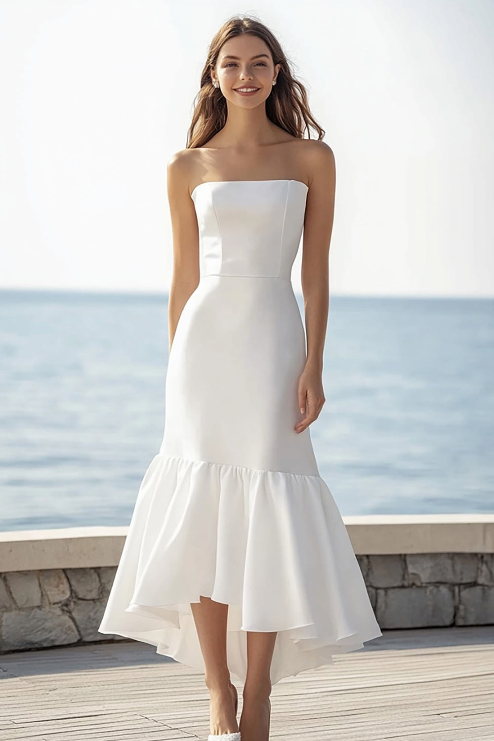 Satin Bodycon Ivory Strapless Maxi Rehearsal Dinner Dress