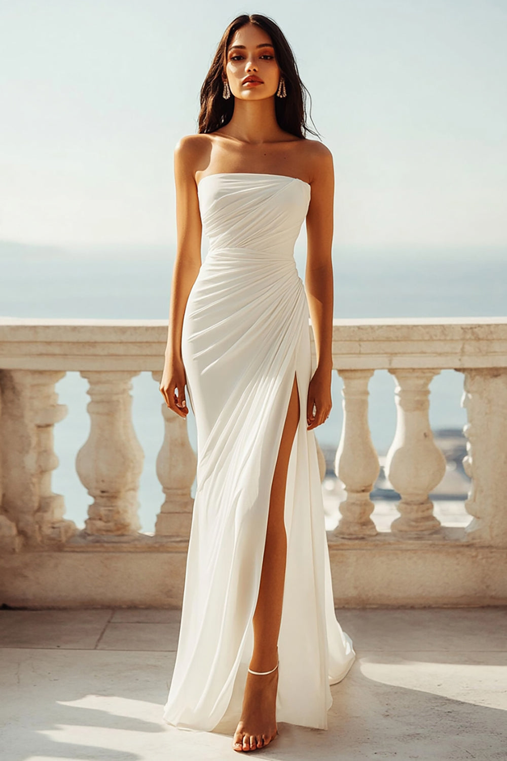 Ruched Strapless Chiffon Ivory Beach Engagement Dress with Slit