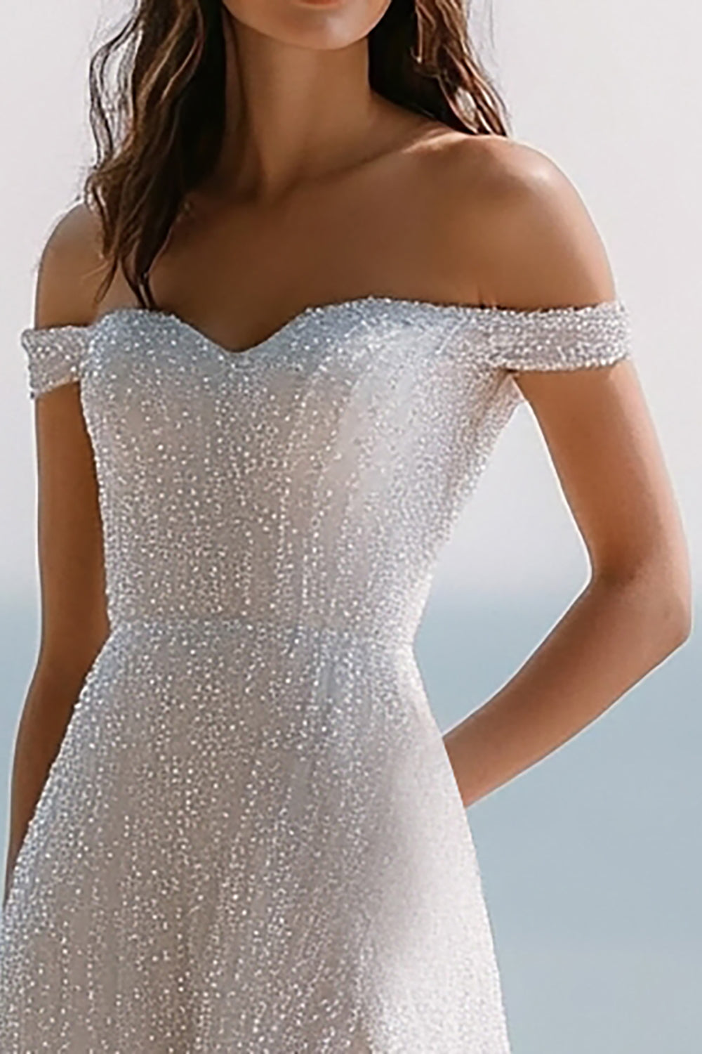 Sparkly Ivory Sequin Off the Shoulder Engagement Dress with Slit