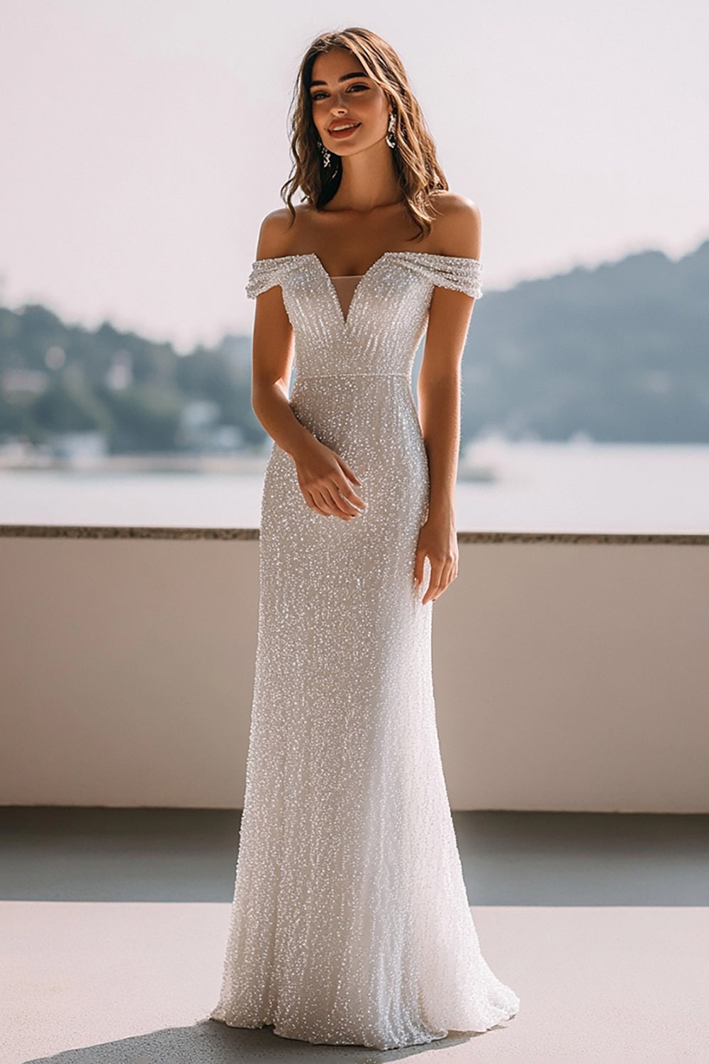 Robe longue sirène à paillettes ivoire scintillantes pour réception de mariage