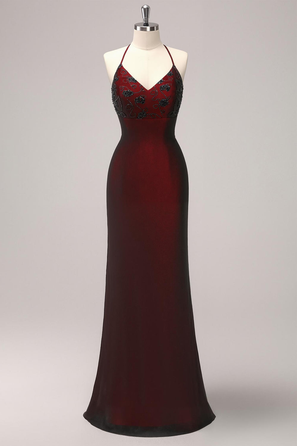Robe de Demoiselle d'Honneur Fourreau Noire et Rouge à Bretelles Croisées avec Perles