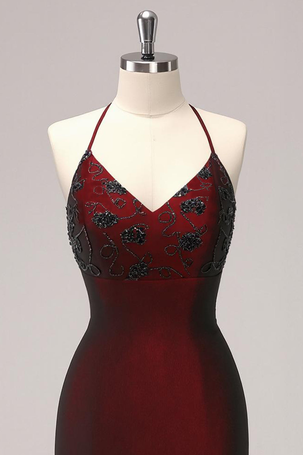 Robe de Demoiselle d'Honneur Fourreau Noire et Rouge à Bretelles Croisées avec Perles