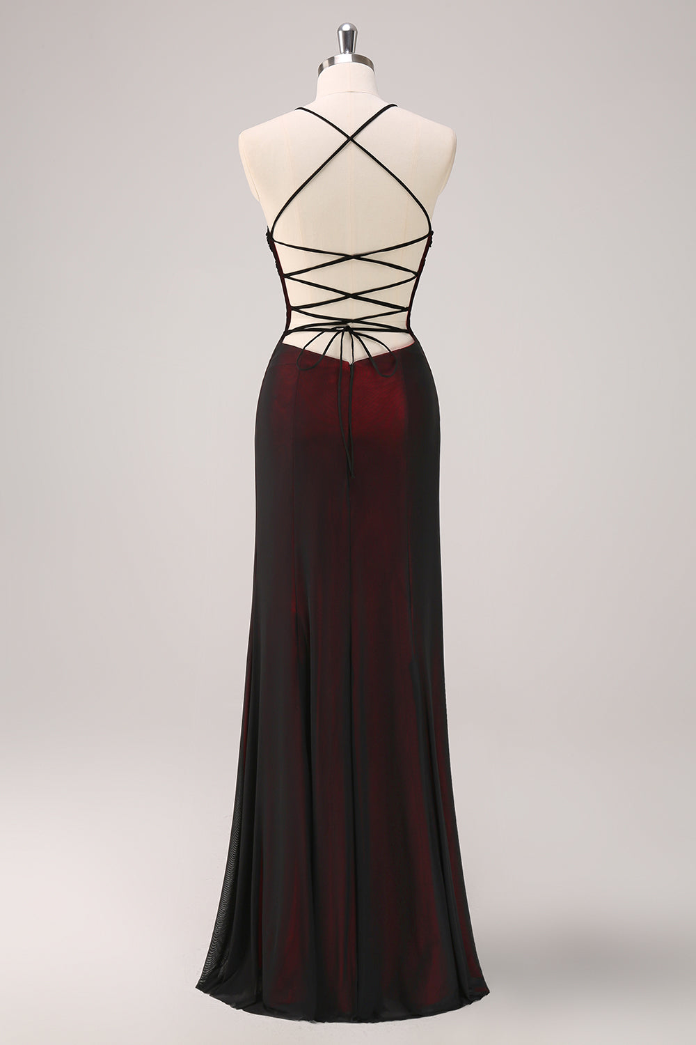 Robe de Demoiselle d'Honneur Fourreau Noire et Rouge à Bretelles Croisées avec Perles