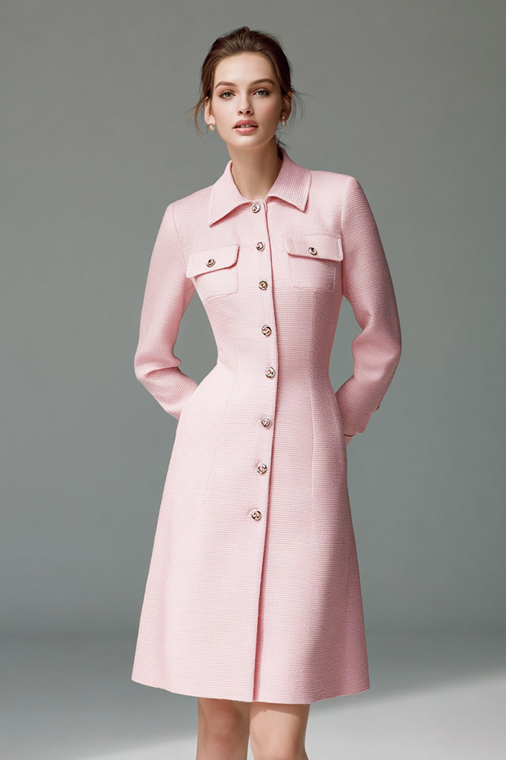 Vestido blazer corto rosa con cuello clásico y corte A