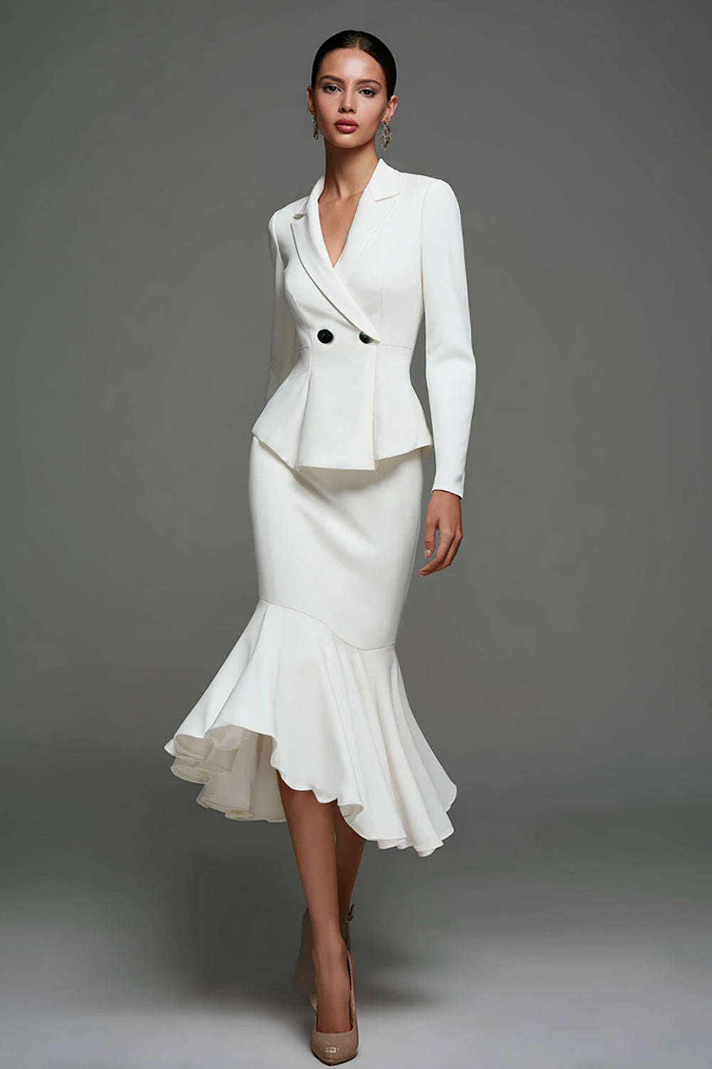 Ivory Notched Lapel Ruffled Midi Blazer Dress