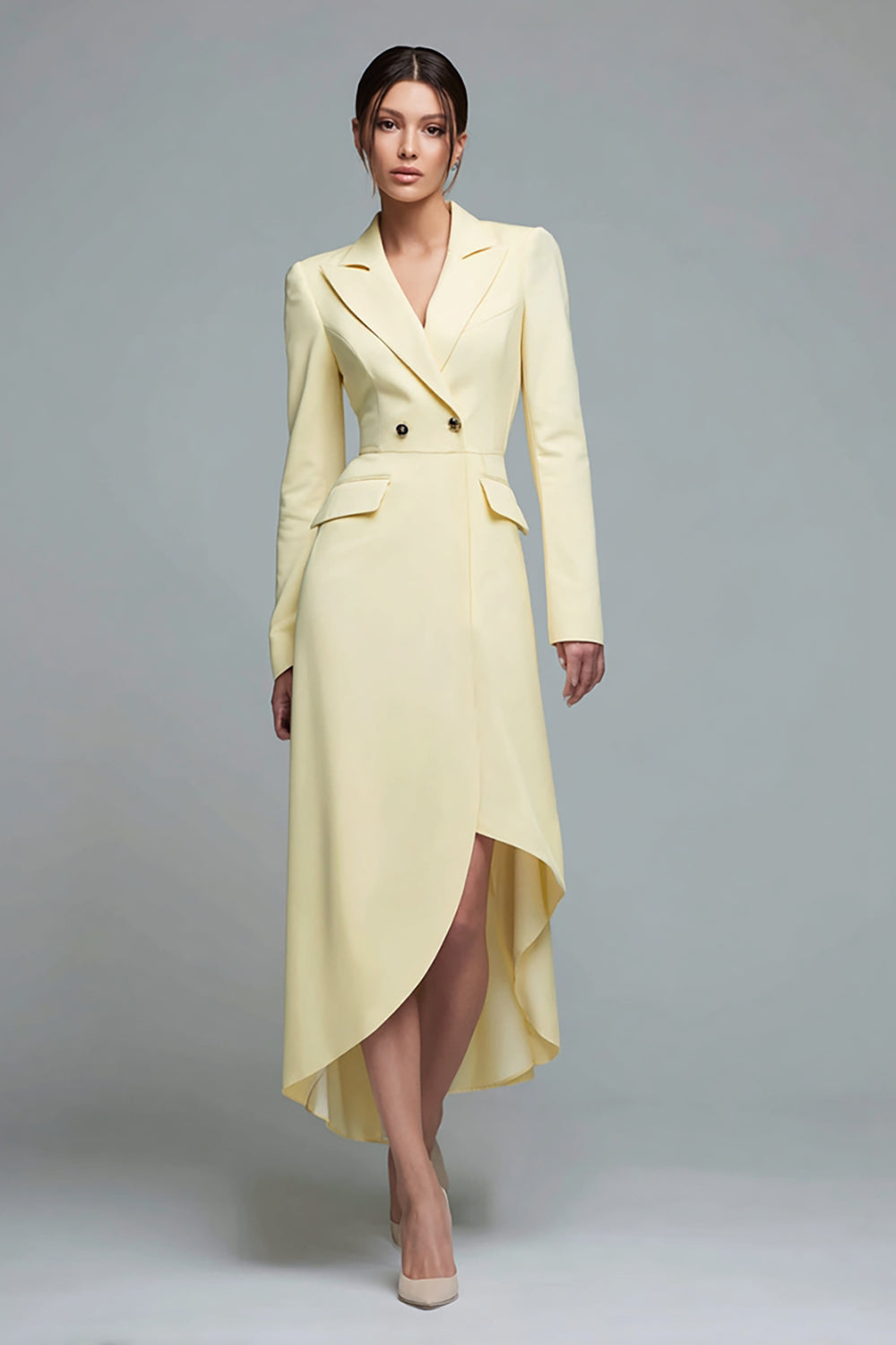 Long Sleeves Daffodil Peak Lapel High-Low Blazer Dress