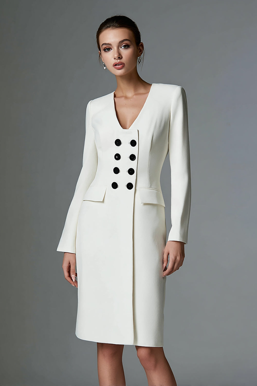 Ivory Double Breasted Pencil Short Work Dress